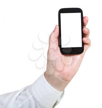 businessman holds mobile phone with cut out screen isolated on white background