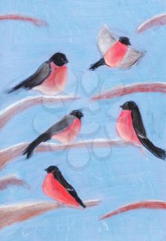 child's drawing - bullfinches on tree branches in winter day
