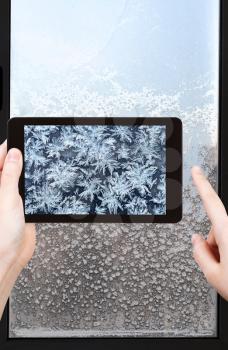 travel concept - tourist takes picture of snowflakes and frost pattern on window pane in cold winter evening on smartphone,
