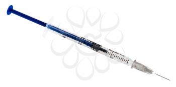 Medical plastic disposable insulin syringe isolated on white background