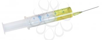 20 ml syringe filled with yellow infusion isolated on white background