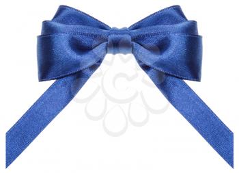 symmetric blue satin ribbon bow with vertically cut ends isolated on white background