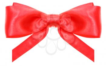 symmetrical red satin ribbon bow with vertically cut ends isolated on white background