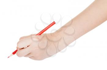 hand paints by red pencil isolated on white background