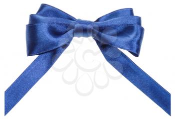 real blue satin ribbon bow with vertically cut ends isolated on white background