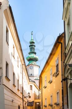 travel to Bratislava city - view of Michael's Gate tower from Bastova street in Bratislava