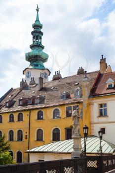 travel to Bratislava city - old houses on Michalska street and Michael gate tower in Bratislava