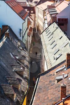 travel to Bratislava city - above view of narrow Bastova street with houses in Bratislava.