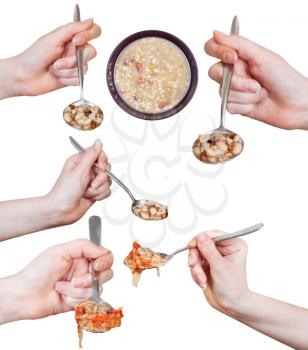 set of hands holding spoons with various soups isolated on white backgroubd