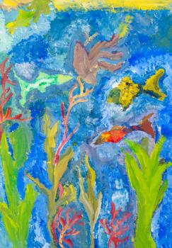 child's drawing - fishes and seaweeds in sea by watercolor gouache