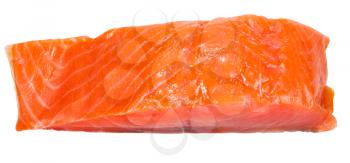 above view of lighty smoked atlantic salmon red fish fillet piece isolated on white background