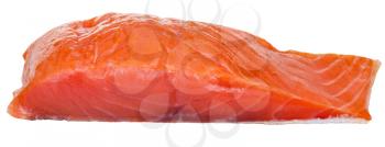 side view of lighty smoked atlantic salmon red fish fillet piece isolated on white background