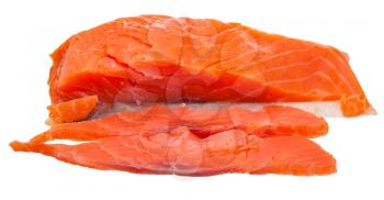 sliced lighty smoked atlantic salmon red fish fillet piece isolated on white background
