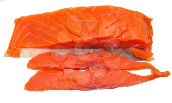 above view of sliced lighty smoked atlantic salmon red fish fillet piece isolated on white background