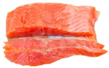 above view of sliced slightly salted trout red fish fillet piece isolated on white background