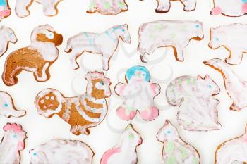 homemade Xmas festive glazed gingerbread cookie - different figure cookies on white background
