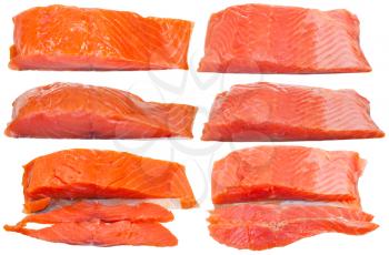 set from lighty smoked atlantic salmon and slightly salted trout red fish fillet pieces isolated on white background