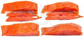 set from lighty smoked atlantic salmon red fish fillet pieces isolated on white background