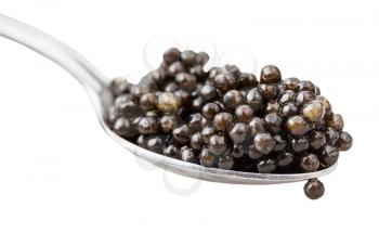 spoon with black sturgeon caviar close up isolated on white background