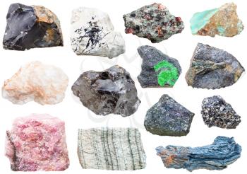 lot of natural mineral rock stones - bornite, perovskite, ilmenite, belomorite, moonstone, rhodonite, eclogite, uvarovite, rhodusite, skarn, vivianite, flint, sphalerite, turquoise isolated on white
