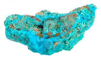 macro shooting of natural rock specimen - cupriferous sandstone on blue Chrysocolla mineral gem isolated on white background