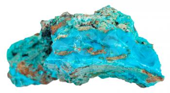 macro shooting of natural rock specimen - piece of blue Chrysocolla mineral gemstone in cupriferous sandstone isolated on white background