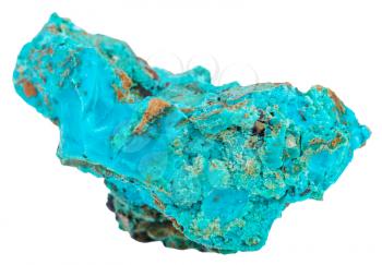 macro shooting of natural rock specimen - blue Chrysocolla mineral gem stone in cupriferous sandstone isolated on white background