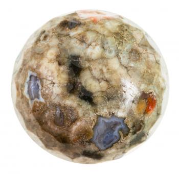 macro shooting of natural mineral stone - ball from green Madagascar Rhyolite (Ocean Jasper, Sea Jasper, Orbicular jasper) isolated on white background