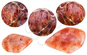set of various sunstone (heliolite) natural mineral stones and gemstones isolated on white background