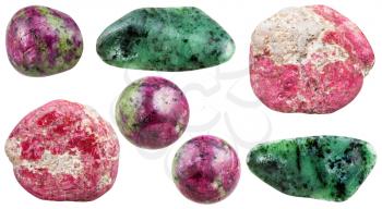 set of various zoisite natural mineral stones and gemstones isolated on white background