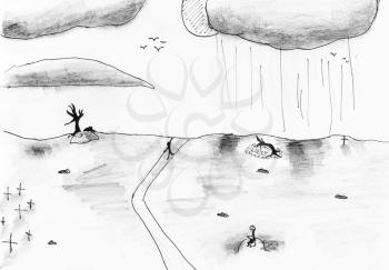 child's drawing - black and white landscape of devastated land hand drawing by lead pencil and black pen