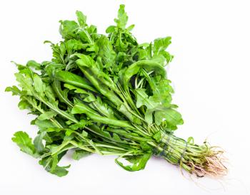 bunch of fresh cut green salad rocket herb on white background