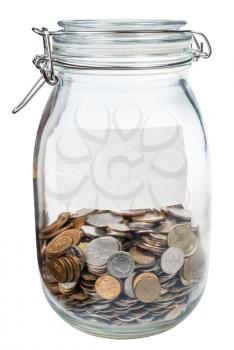 closed glass jar with empty label and saved money isolated on white background