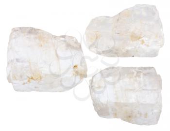 set of various petalite (castorite) minerals isolated on white background