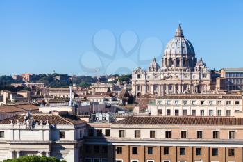 travel to Italy - view of St Peter's Basilica in Vatican city and buildings in Borgo district in Rome Castel of Holy Angel
