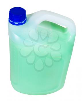 above view of plastic jerrycan with green liquid isolated on white background