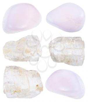 collection of pink polished and raw crysal petalite mineral stones isolated on white background