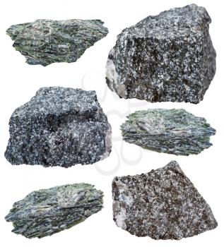 collection of various actinolite in Amphibolite mineral stones isolated on white background
