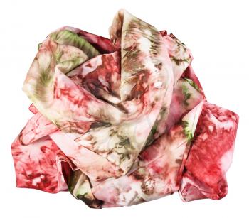 crumpled silk scarf with abstract pink and green ornament hand painted in nodular technique isolated on white background