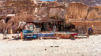 PETRA, JORDAN - FEBRUARY 21, 2012: bedouin gift shop in ancient Petra town. Rock-cut town Petra was established about 312 BC as the capital city of the Arab Nabataean