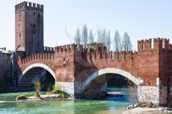 travel to Italy - view of Castelvecchio (Scaliger) Bridge on Adige River and Castel in Verona city in spring