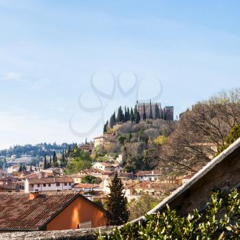 travel to Italy - view of hill with Castel San Pietro in Verona city in spring
