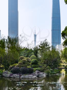travel to China - pond in Zhujiang public park in Guangzhou city in spring season