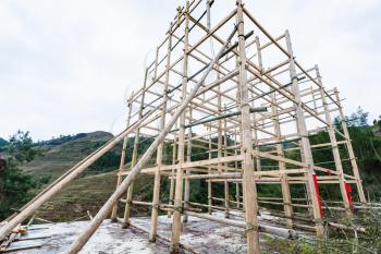 travel to China - construction a new house in Dazhai village in area of Longsheng Rice Terraces (Dragon's Backbone terrace, Longji Rice Terraces) in spring season