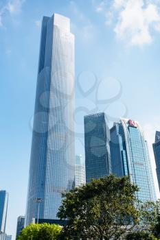GUANGZHOU, CHINA - APRIL 1, 2017: skyscraper in Zhujiang New Town of Guangzhou city in spring. Guangzhou is the third most-populous city in China with population about 13,5 mln