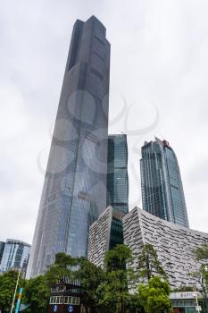 GUANGZHOU, CHINA - MARCH 31, 2017: new buildings in Zhujiang New Town of Guangzhou city in cloudy day. Guangzhou is the third most-populous city in China with population about 13,5 mln