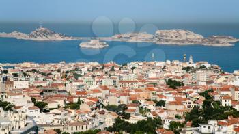 Travel to Provence, France - above view of Marseilles city and Chateau d'If island