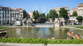 MARSEILLE, FRANCE - JULY 10, 2008: view of fountain pool from Palais (Palace) Longchamp in Marseilles city. The Palace is houses the Musee des beaux-arts de Marseille and natural history museum