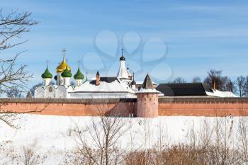 view of Monastery of Our Savior and St Euthymius with Cathedral of the Transfiguration of the Saviour in Suzdal town in winter in Vladimir oblast of Russia