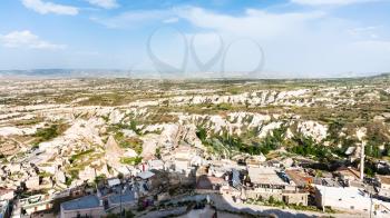 Travel to Turkey - panoramic view of mountain lands around Uchisar village in Nevsehir Province in Cappadocia in spring